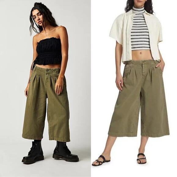 NEW Free People Hard Rain Mid Rise Cropped Gaucho Pants Green Sz 0 (Oversized) - Picture 10 of 16